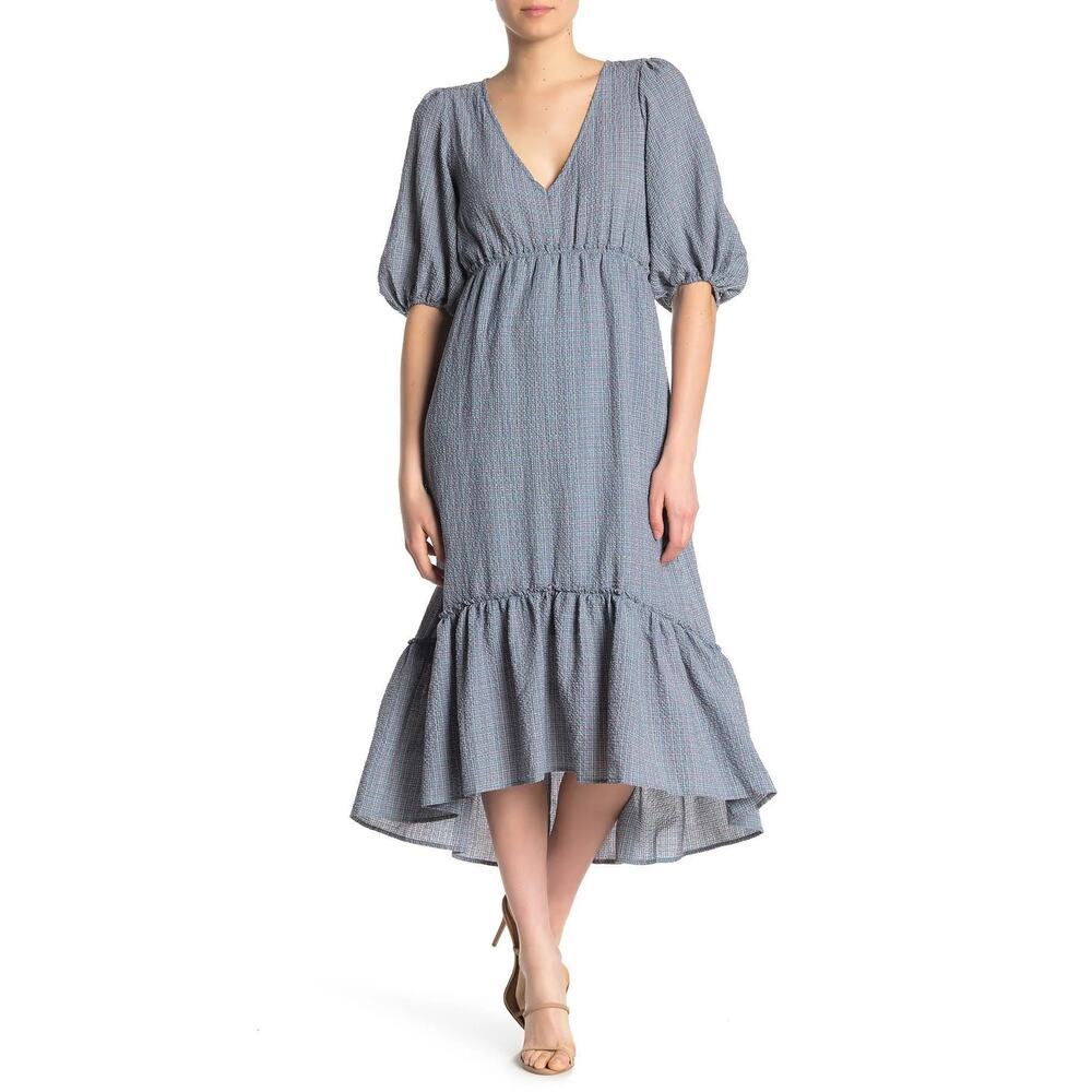 Superfoxx Women's Textured V Neck High Low Tiered Ruffle Hem Midi Dress Blue S